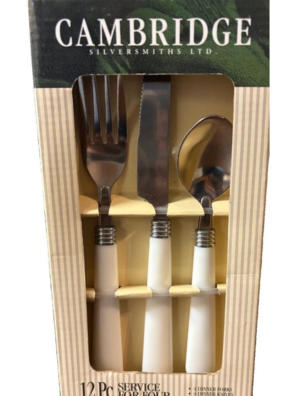 Cambridge Silversmiths 12 Pc Flatware Set White Handles Service 4 New Old Stock